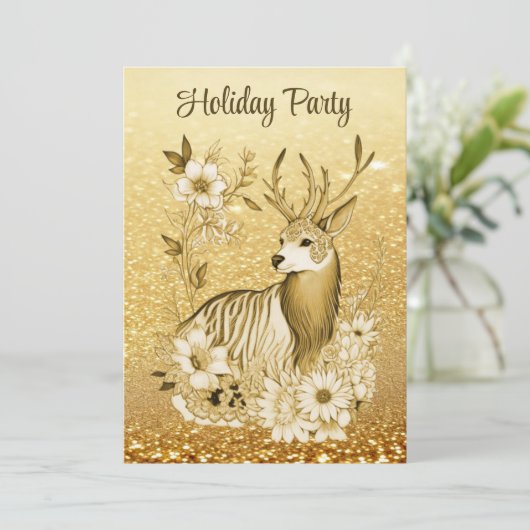 Gouden Bloemen Rendier Kerstfeest uitnodiging (Staand voorkant)