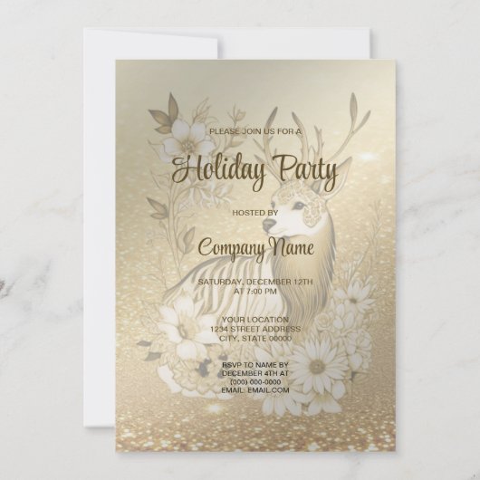 Gouden Bloemen Rendier Kerstfeest uitnodiging (Achterkant)