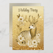 Gouden Bloemen Rendier Kerstfeest uitnodiging (Voorkant / Achterkant)