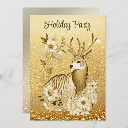 Gouden Bloemen Rendier Kerstfeest uitnodiging (Voorkant / Achterkant)