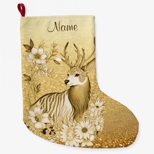 Gouden Bloemen Rendier Kerstkous Grote Kerstsok (Voorkant)