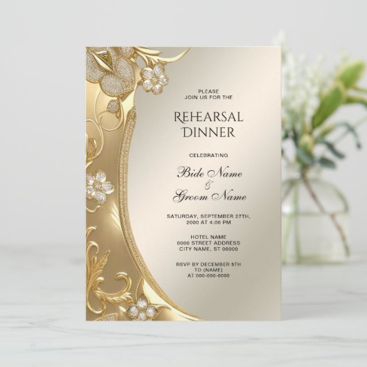 Gouden Bloemen Repetitie Diner Uitnodiging (Staand voorkant)