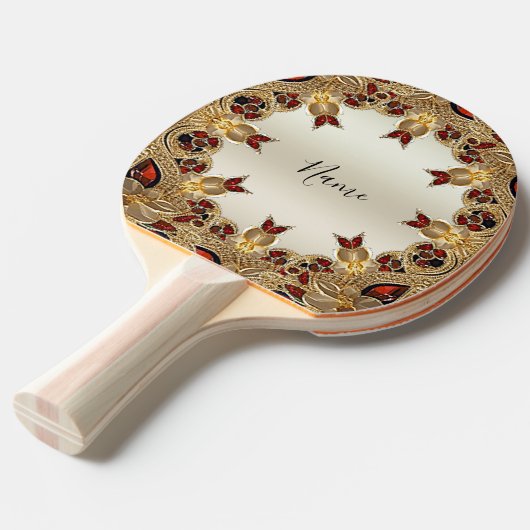 Gouden Bloemen Rode Decoratieve Ping Pong Paddle Tafeltennisbatje (Voorkant Gekanteld)