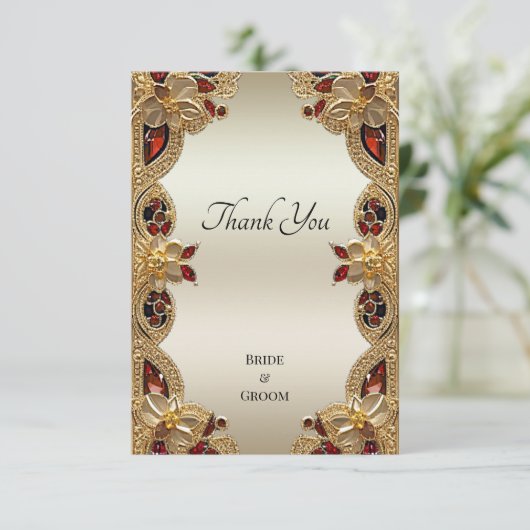 Gouden Bloemen Rode Edelsteen Dankjewel Kaart (Staand voorkant)