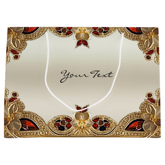 Gouden Bloemen Rode Edelsteen Gift Bag Groot Cadeauzakje (Voorkant)