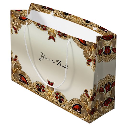 Gouden Bloemen Rode Edelsteen Gift Bag Groot Cadeauzakje (Achterkant Gekanteld)