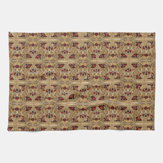 Gouden Bloemen Rode Edelsteen Keuken Handdoeken (Horizontaal)