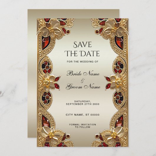 Gouden Bloemen Rode Edelsteen Splendor Bewaar de d Save The Date (Voorkant / Achterkant)