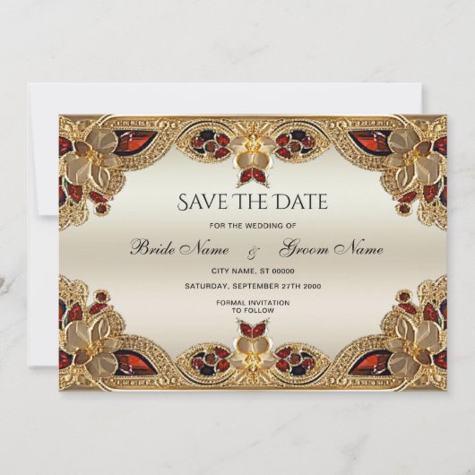 Gouden Bloemen Rode Edelsteen Splendor Bewaar de d Save The Date (Voorkant)