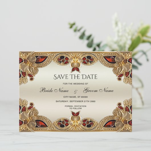 Gouden Bloemen Rode Edelsteen Splendor Bewaar de d Save The Date (Staand voorkant)