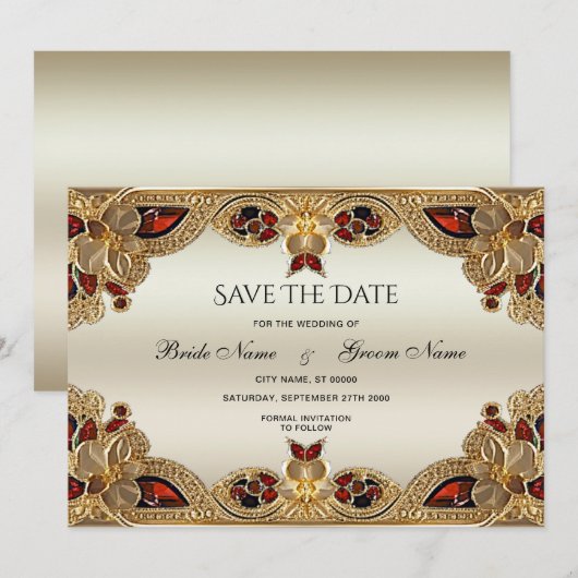 Gouden Bloemen Rode Edelsteen Splendor Bewaar de d Save The Date (Voorkant / Achterkant)