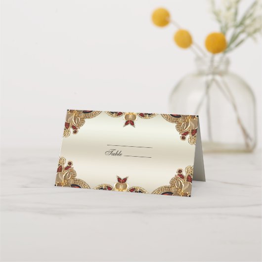Gouden Bloemen Rode Edelsteen Splendor Place Card Plaatskaartje