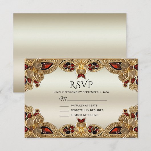 Gouden Bloemen Rode Edelsteen Splendor RSVP-kaart RSVP Kaartje (Voorkant / Achterkant)