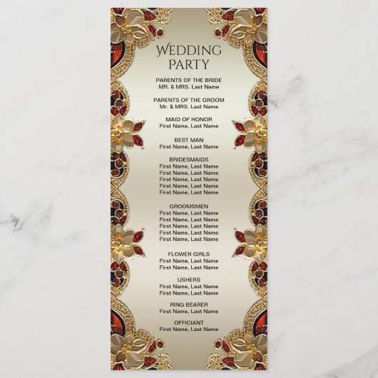 Gouden Bloemen Rode Edelsteen Splendor Wedding Programmakaart (Achterkant)