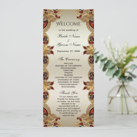Gouden Bloemen Rode Edelsteen Splendor Wedding Programmakaart (Staand voorkant)