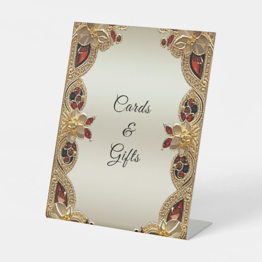 Gouden Bloemen Rode Edelsteen Tafel Tekens Reclamebord Met Voetstuk (Voorkant)