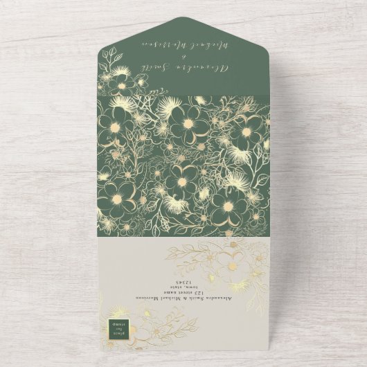 Gouden Bloemen Sage Groene Foto Huwelijk All In One Uitnodiging (Buitenkant)