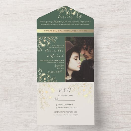Gouden Bloemen Sage Groene Foto Huwelijk All In One Uitnodiging (Binnen)