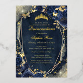 Gouden Bloemen Sparkle Butterfly Navy Quinceanera Folie Uitnodiging (Voorkant)