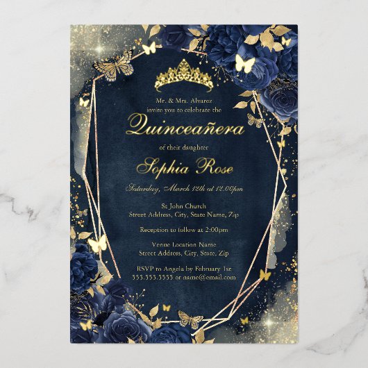 Gouden Bloemen Sparkle Butterfly Navy Quinceanera Folie Uitnodiging (Voorkant)