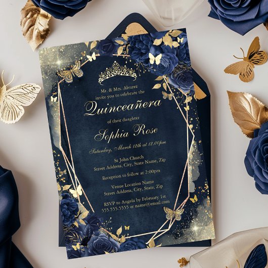 Gouden Bloemen Sparkle Butterfly Navy Quinceanera Folie Uitnodiging
