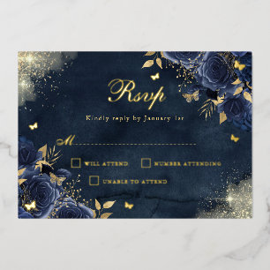Gouden Bloemen Sparkle Butterfly Navy Quinceanera Folie Uitnodiging