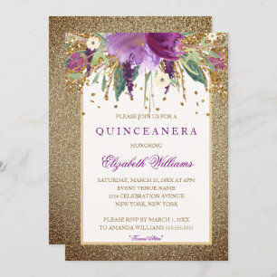 Gouden Bloemen Sparkling Amethyst Quinceanera Invi Kaart