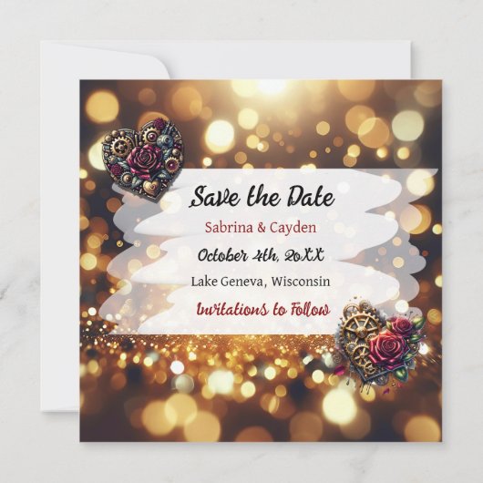 Gouden Bloemen Steampunk gepersonaliseerde bruilof Save The Date (Achterkant)