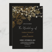 Gouden Bloemen String Lights Bruiloft Kaart (Voorkant / Achterkant)