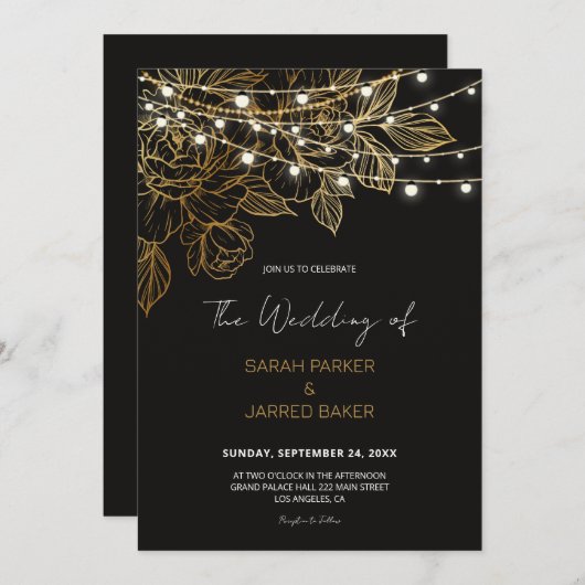 Gouden Bloemen String Lights Bruiloft Kaart (Voorkant / Achterkant)