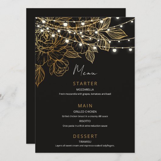 Gouden Bloemen String Lights Bruiloft Menu (Voorkant / Achterkant)