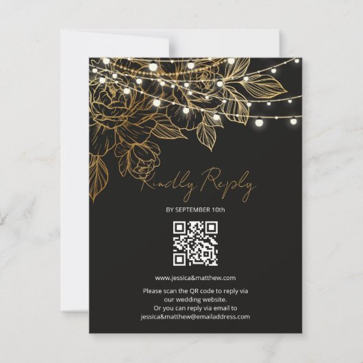 Gouden Bloemen String Lights Bruiloft RSVP Kaartje (Voorkant)