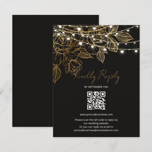 Gouden Bloemen String Lights Bruiloft RSVP Kaartje (Voorkant / Achterkant)