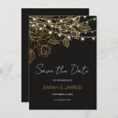 Gouden Bloemen String Lights Bruiloft Save The Date (Voorkant / Achterkant)