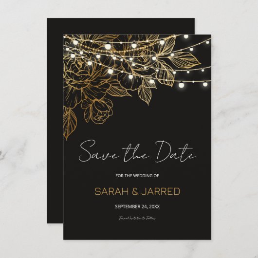 Gouden Bloemen String Lights Bruiloft Save The Date (Voorkant / Achterkant)