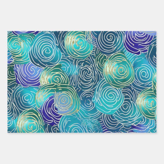 Gouden Bloemen Swirls op Blauw Groen en Blauwgroen Inpakpapier Vel (Voorkant 2)