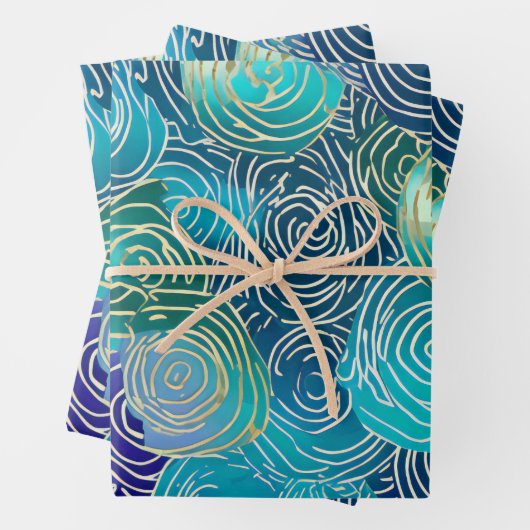 Gouden Bloemen Swirls op Blauw Groen en Blauwgroen Inpakpapier Vel (In situ)