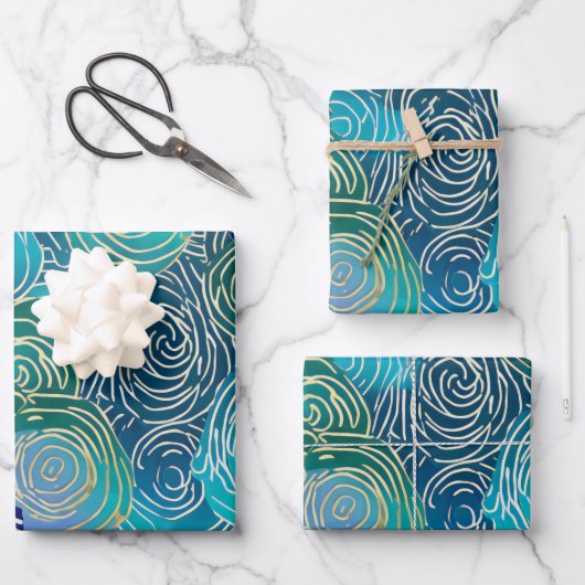 Gouden Bloemen Swirls op Blauw Groen en Blauwgroen Inpakpapier Vel (Voorkant)