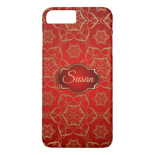 Gouden Bloemen Swirls & Rode Achtergrond iPhone 8/7 Plus Hoesje