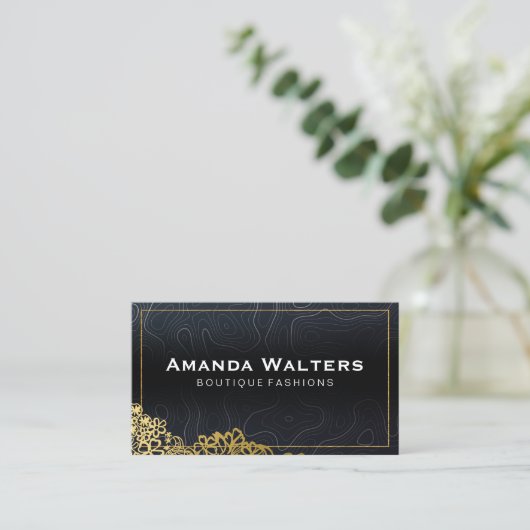 Gouden Bloemen | Topografische lijnen Achtergrond Visitekaartje (Staand voorkant)