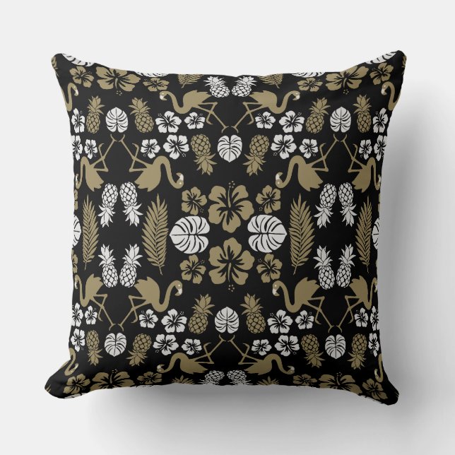 Gouden Bloemen Tropisch Patroon Kussen (Voorkant)