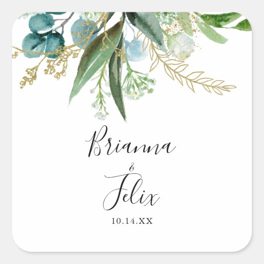 Gouden Bloemen Tropische Groene Huwelijksenvelop A Vierkante Sticker (Voorkant)