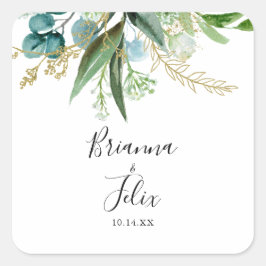 Gouden Bloemen Tropische Groene Huwelijksenvelop A Vierkante Sticker