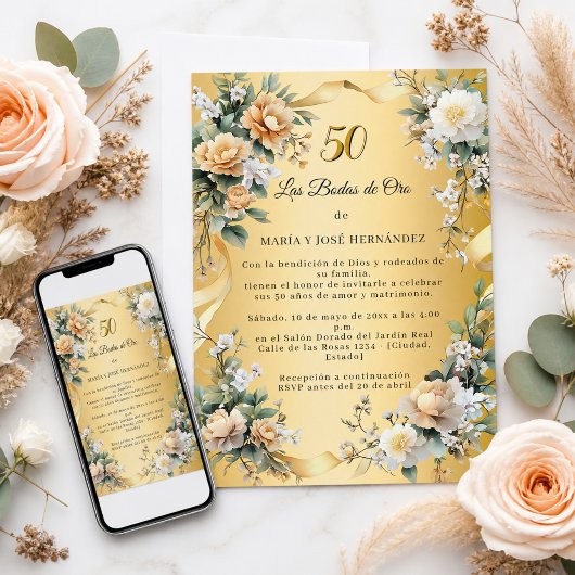 Gouden Bloemen Uitnodiging Gouden Bruiloft