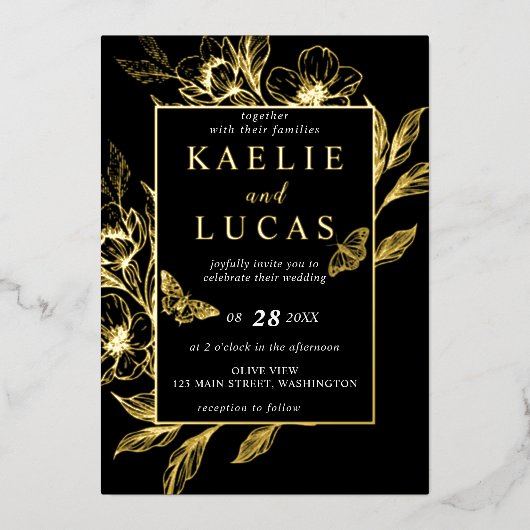 "Gouden Bloemen van de Liefde" | Zwarte bruiloft Folie Uitnodiging (Voorkant)