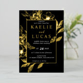 "Gouden Bloemen van de Liefde" | Zwarte bruiloft Folie Uitnodiging (Staand Voorkant)