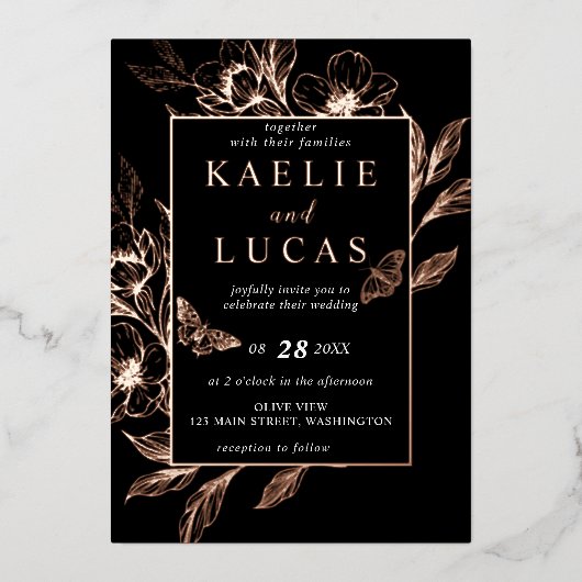 "Gouden Bloemen van de Liefde" | Zwarte bruiloft Folie Uitnodiging (Voorkant)