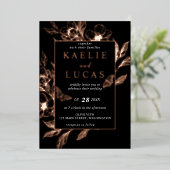 "Gouden Bloemen van de Liefde" | Zwarte bruiloft Folie Uitnodiging (Staand Voorkant)