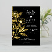 "Gouden Bloemen van de Liefde" | Zwarte bruiloft Folie Uitnodiging (Staand Voorkant)