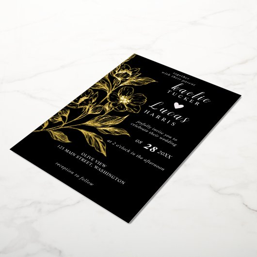 "Gouden Bloemen van de Liefde" | Zwarte bruiloft Folie Uitnodiging (Gedraaid)